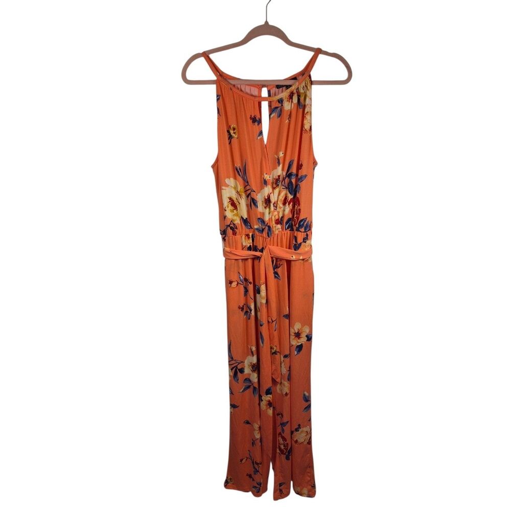 Studio by JPR Orange Jumpsuit Size L Floral Sleeveless Wide-Leg with Belt